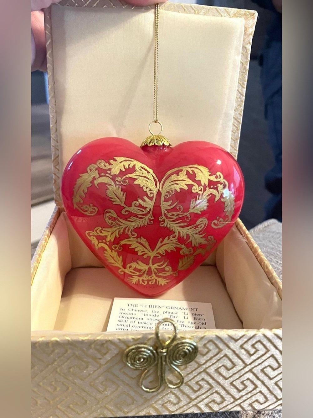 Li Bien Heart 2003 Ornament, Painted Glass Red Gold Heart Ornament